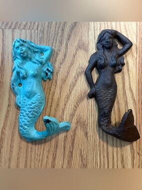 2 Cast Iron Antique Style Mermaid Figurine Hooks Nautical Rustic,Beach